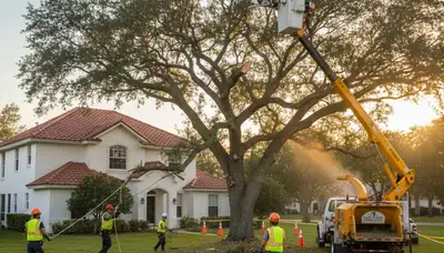 Professional tree removal crew using crane and safety gear at residential property in Palm Harbor, FL