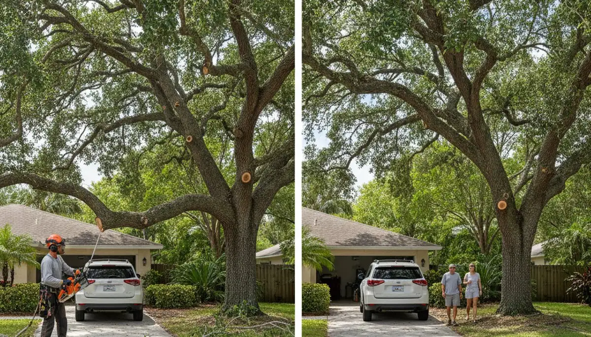 Arborist raising tree canopy above driveway for improved clearance in Palm Harbor, FL