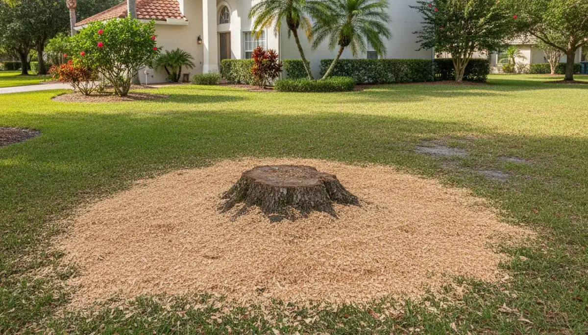 Finished stump grinding and lawn-ready area after tree removal in Palm Harbor, FL