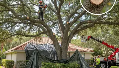 Arborist performing deadwood removal to prevent storm damage on residential trees in Palm Harbor FL