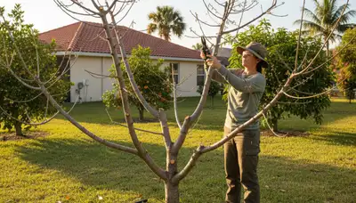 Arborist pruning fruit tree in Palm Harbor FL backyard orchard for healthy growth and improved harvest