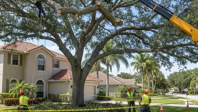 Arborists using bucket truck for large tree removal at residential property in Palm Harbor, FL