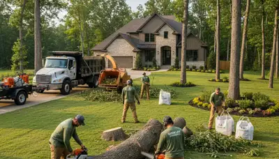 Lawn care specialists mowing healthy green grass in Palm Harbor, FL yard