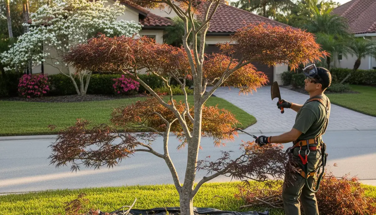 Arborist hand pruning ornamental Japanese maple tree for curb appeal in Palm Harbor, FL landscape