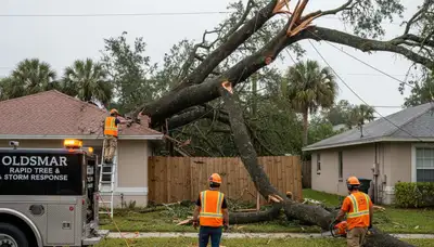 Emergency tree removal crew clearing storm damage in Oldsmar, FL near Palm Harbor homes