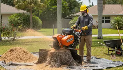 Professional stump grinding service removing tree stumps in Palm Harbor, FL yard