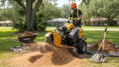 Professional stump grinding service removing tree stumps in Oldsmar, FL near Palm Harbor homes