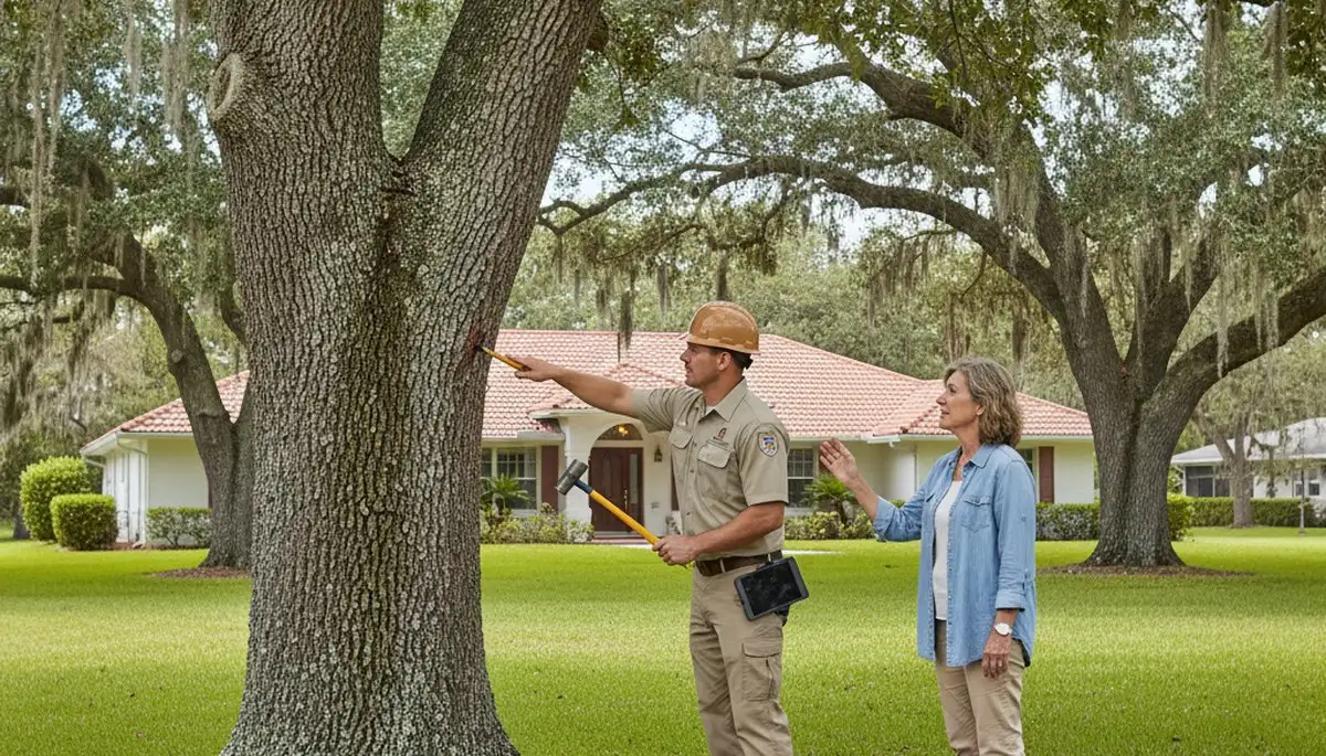 Certified arborist performing tree health assessment for homeowners in Palm Harbor, FL