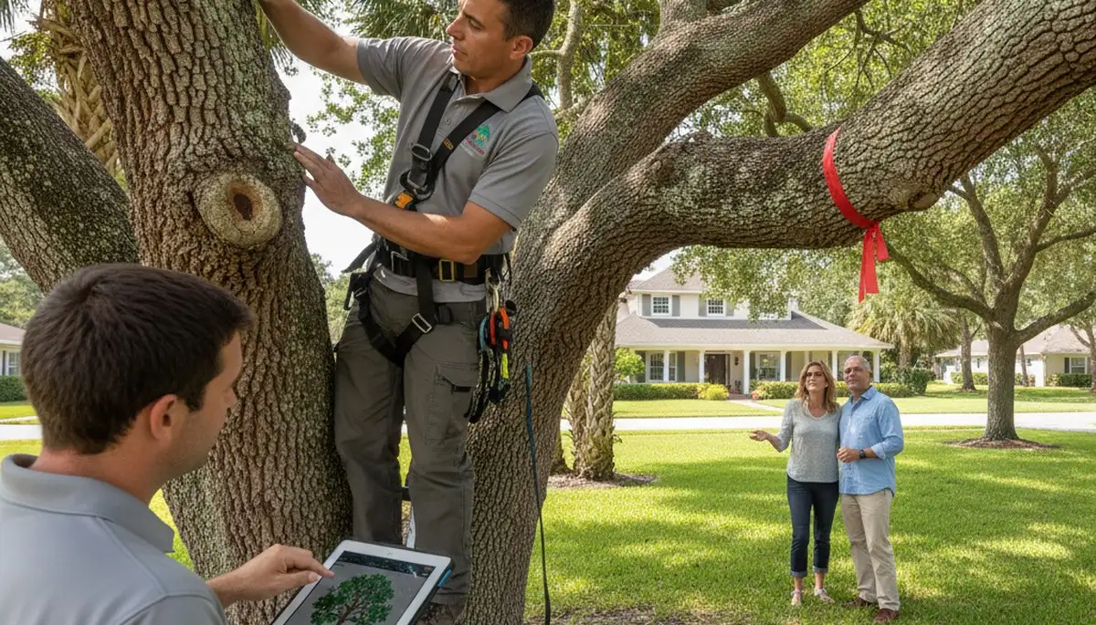 Certified arborist performing tree health assessment for homeowners in Oldsmar, FL near Palm Harbor