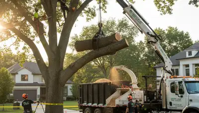 Professional tree removal service in Palm Harbor, FL safely cutting down a large oak tree