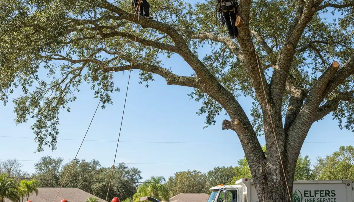 Professional tree removal service in Palm Harbor FL safely cutting down large oak tree