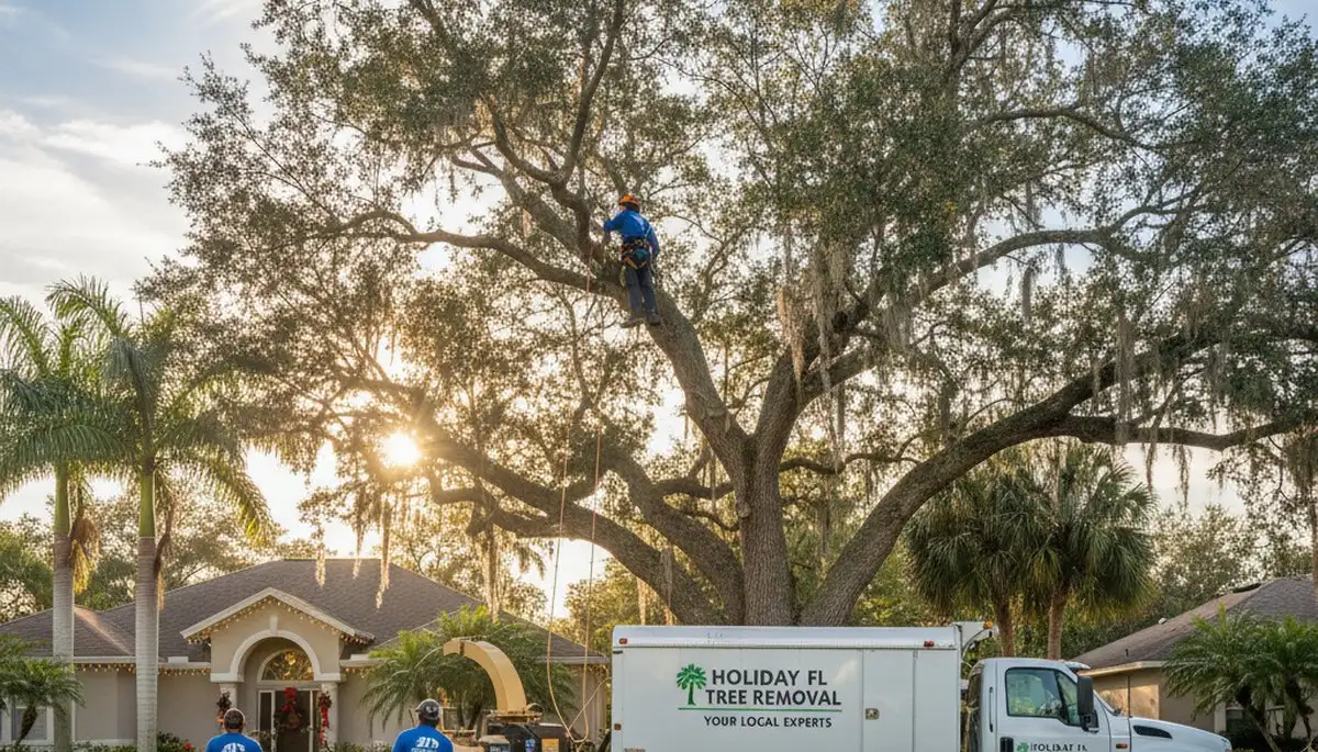 Professional tree removal service in Palm Harbor FL safely cutting large oak tree