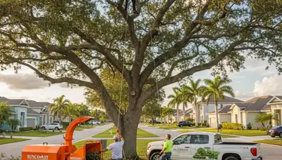 Professional tree removal service crew in Palm Harbor FL safely cutting large oak tree