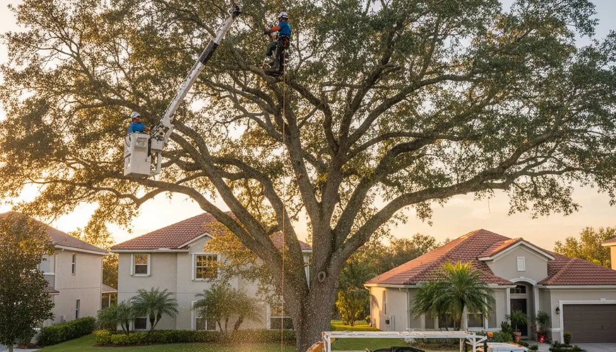 Professional tree removal service in Palm Harbor FL safely cutting down large oak tree