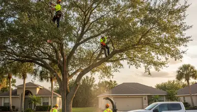 Professional tree removal service in Palm Harbor FL safely cutting large oak tree
