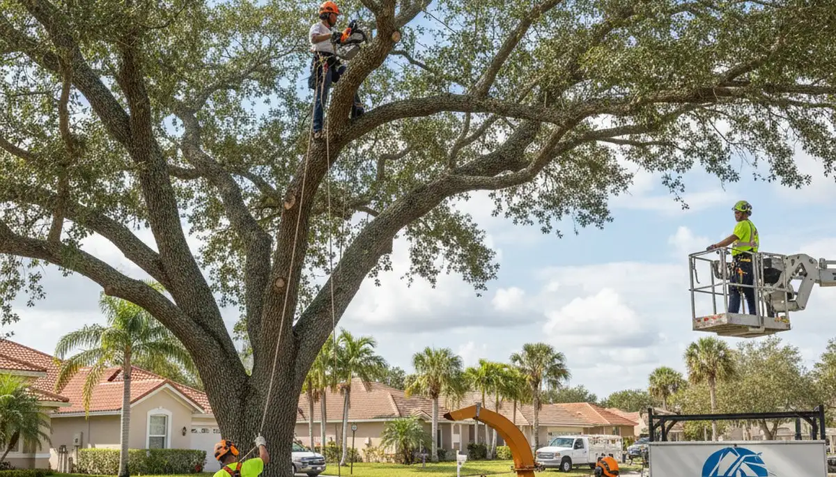 Professional tree removal service in Palm Harbor FL safely cutting large oak tree