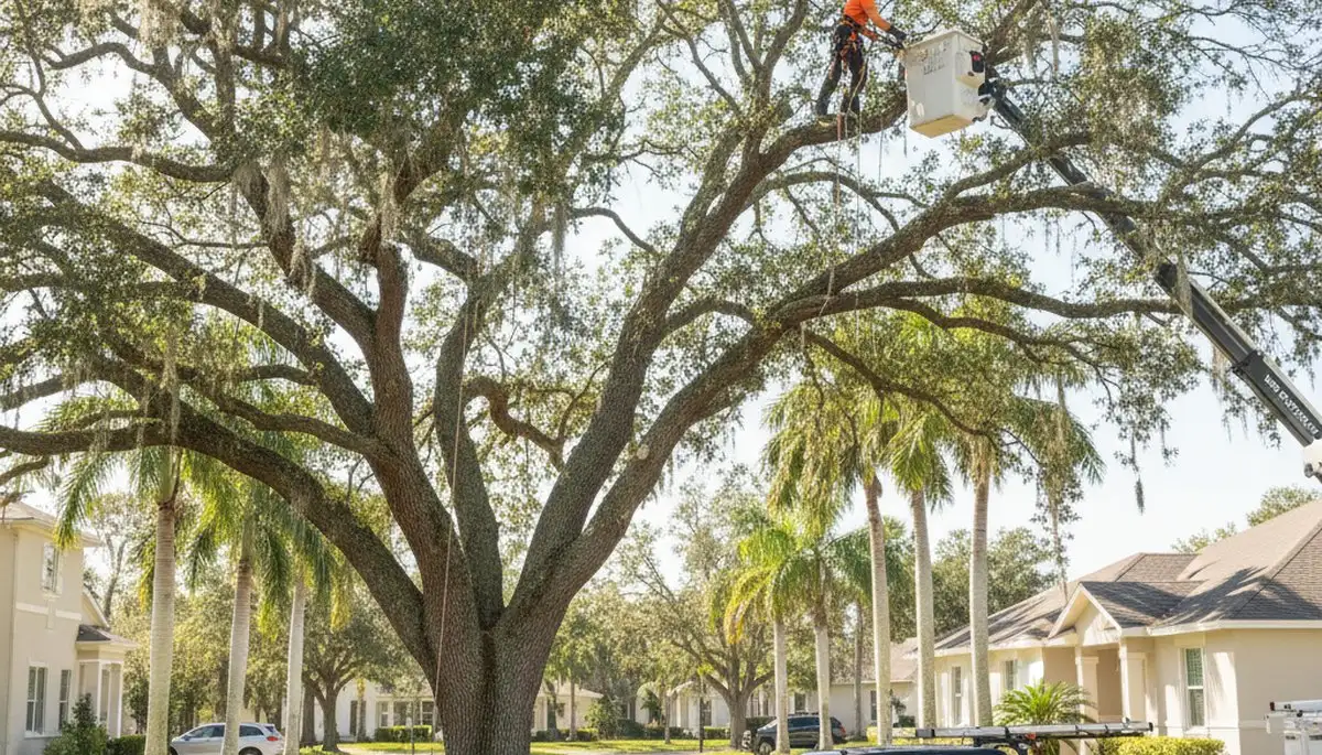 Professional tree removal service crew in Palm Harbor FL safely cutting and clearing large oak tree