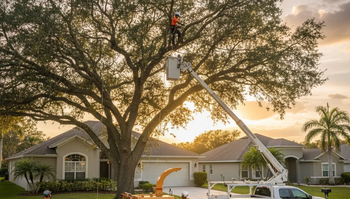 Professional tree removal service in Palm Harbor FL safely cutting large oak tree