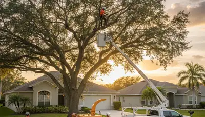 Professional tree removal service in Palm Harbor FL safely cutting large oak tree
