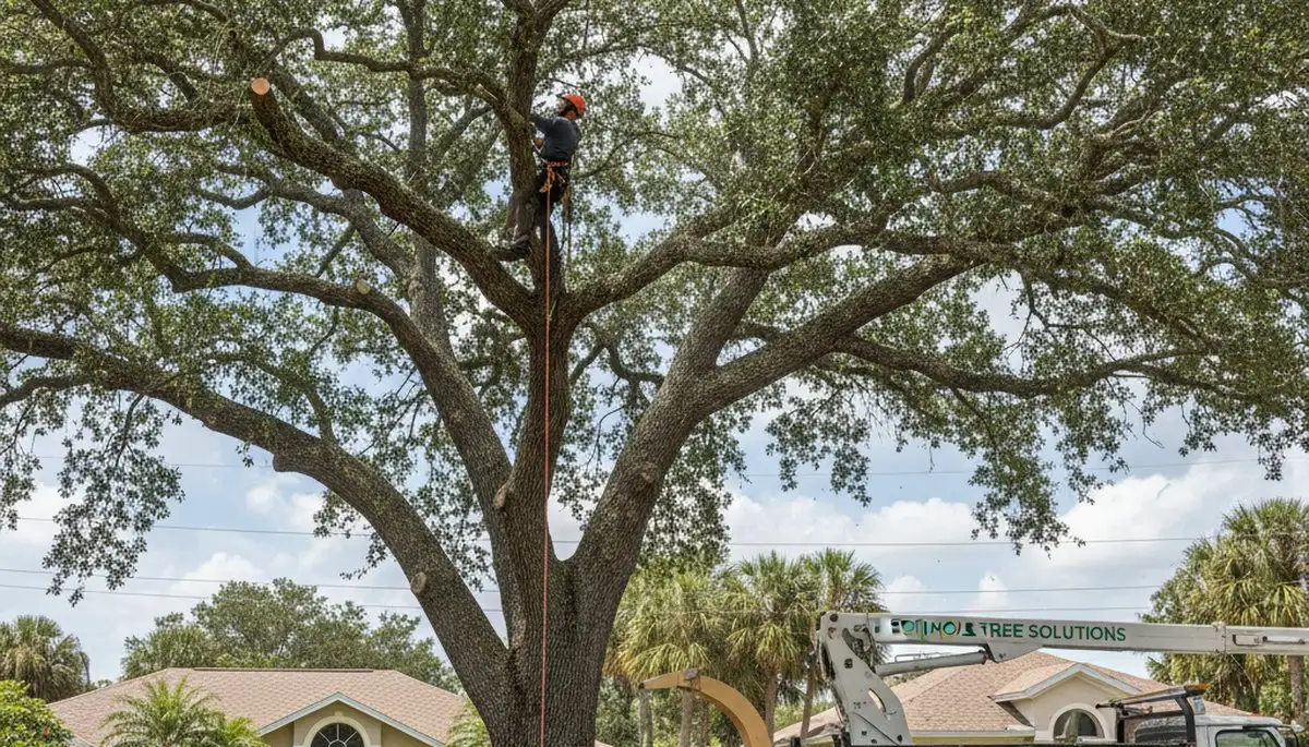 Professional tree removal service in Palm Harbor FL safely cutting and clearing large oak tree